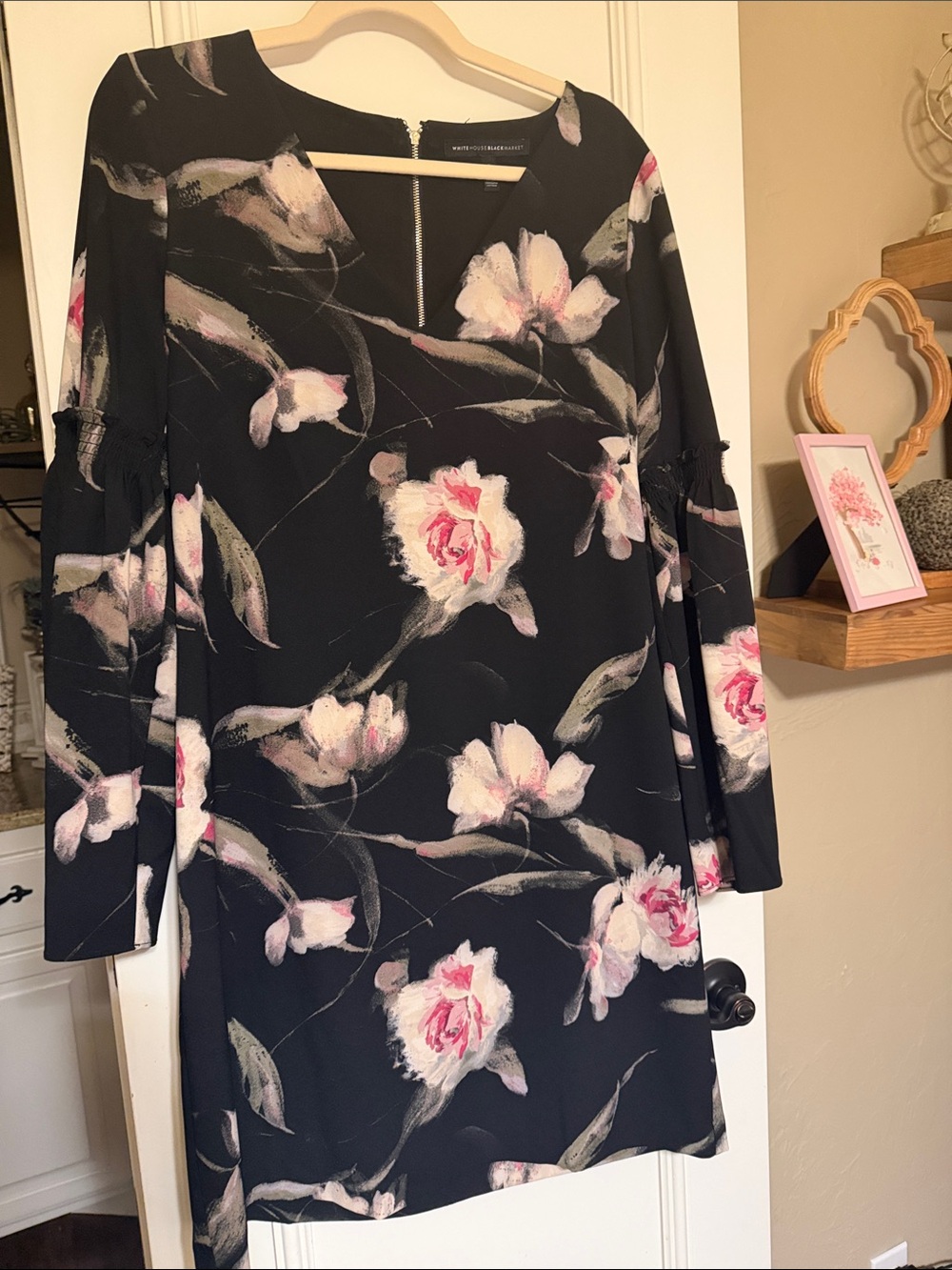White House Black Market Black Floral Long Sleeve Shift Dress